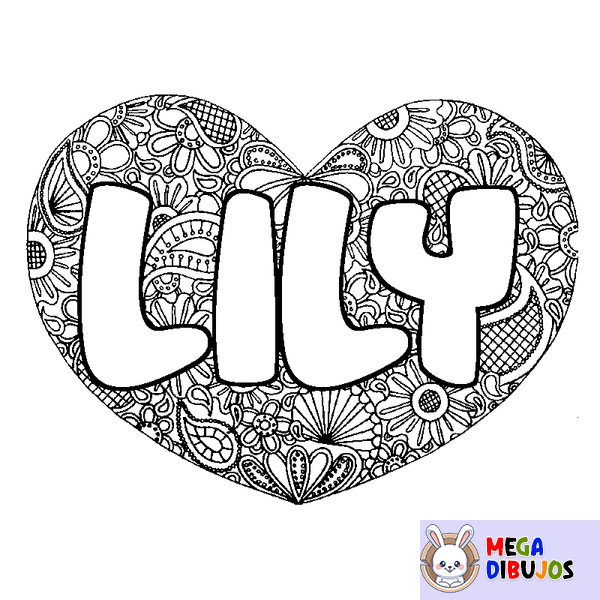 Coloraci&oacute;n del nombre LILY - decorado mandala de coraz&oacute;n