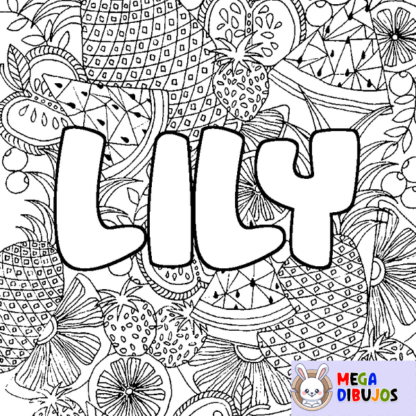 Coloraci&oacute;n del nombre LILY - decorado mandala de frutas