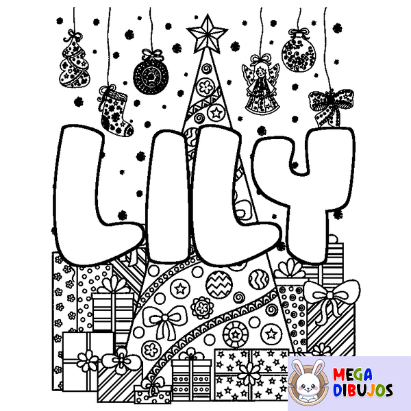 Coloraci&oacute;n del nombre LILY - decorado &aacute;rbol de Navidad y regalos