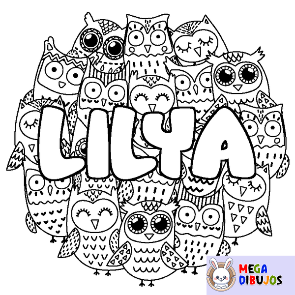 Coloraci&oacute;n del nombre LILYA - decorado b&uacute;hos