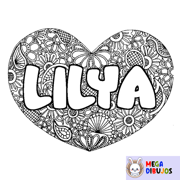 Coloraci&oacute;n del nombre LILYA - decorado mandala de coraz&oacute;n