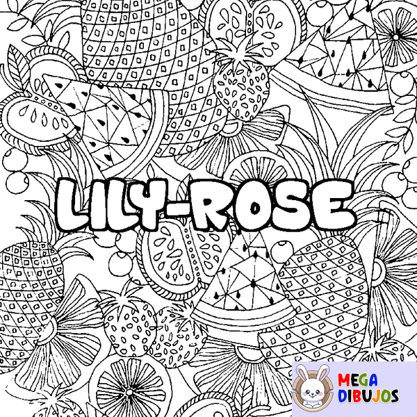 Coloraci&oacute;n del nombre LILY-ROSE - decorado mandala de frutas