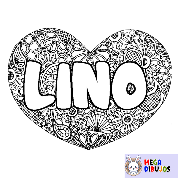 Coloraci&oacute;n del nombre LINO - decorado mandala de coraz&oacute;n