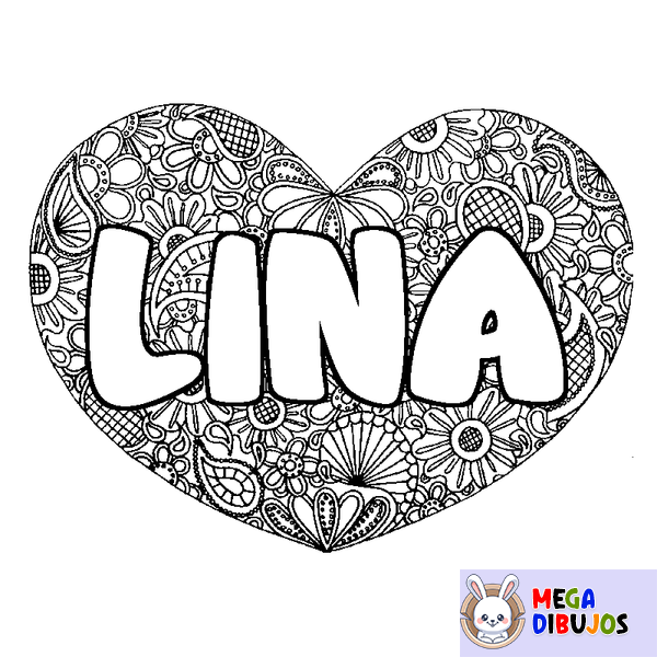 Coloraci&oacute;n del nombre LINA - decorado mandala de coraz&oacute;n
