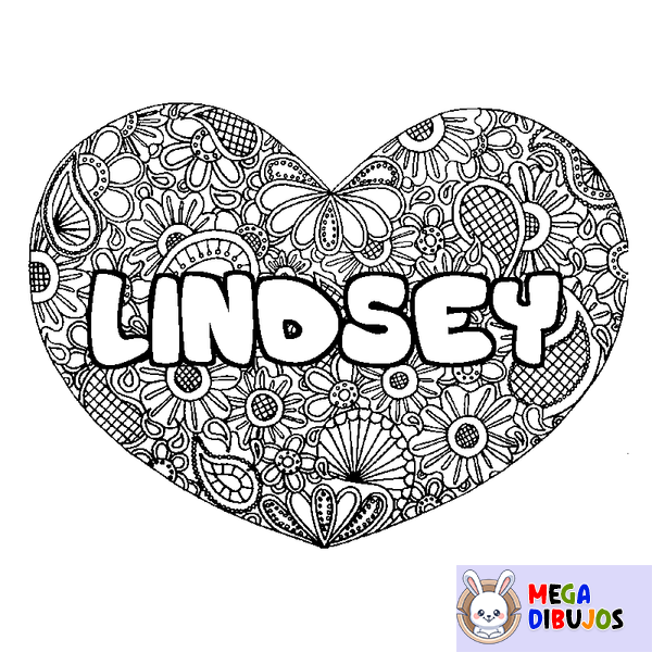 Coloraci&oacute;n del nombre LINDSEY - decorado mandala de coraz&oacute;n