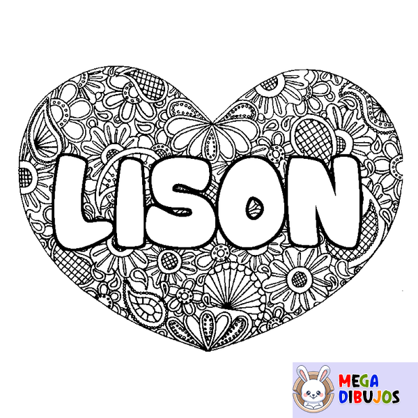 Coloraci&oacute;n del nombre LISON - decorado mandala de coraz&oacute;n