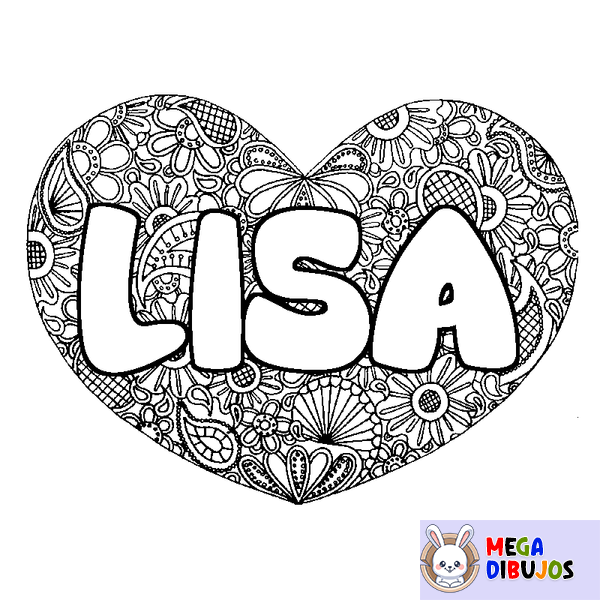 Coloraci&oacute;n del nombre LISA - decorado mandala de coraz&oacute;n