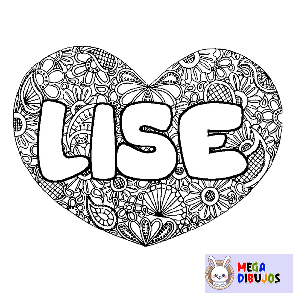 Coloraci&oacute;n del nombre LISE - decorado mandala de coraz&oacute;n