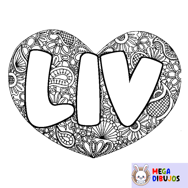 Coloraci&oacute;n del nombre LIV - decorado mandala de coraz&oacute;n