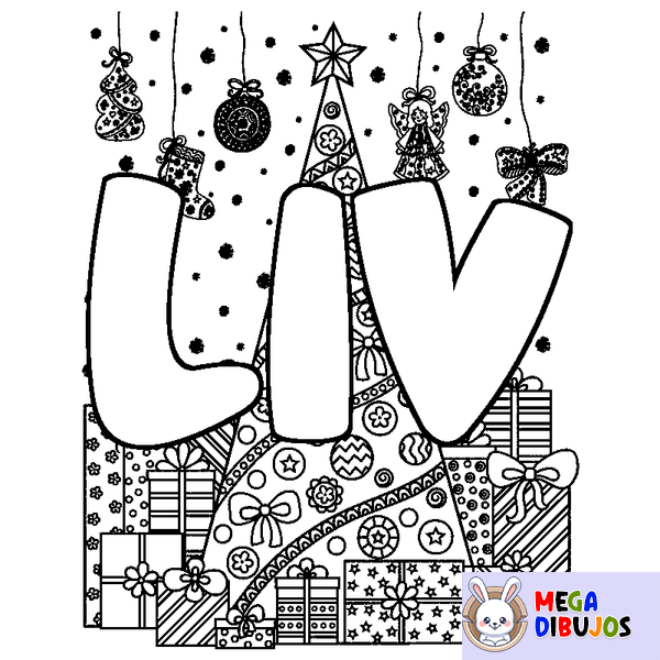 Coloraci&oacute;n del nombre LIV - decorado &aacute;rbol de Navidad y regalos
