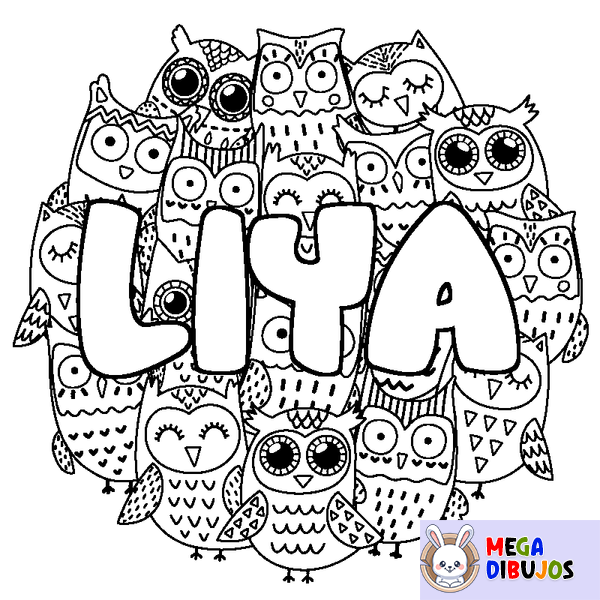 Coloraci&oacute;n del nombre LIYA - decorado b&uacute;hos