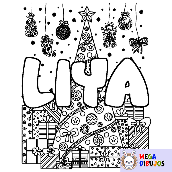 Coloraci&oacute;n del nombre LIYA - decorado &aacute;rbol de Navidad y regalos