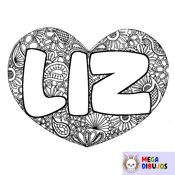 Coloraci&oacute;n del nombre LIZ - decorado mandala de coraz&oacute;n