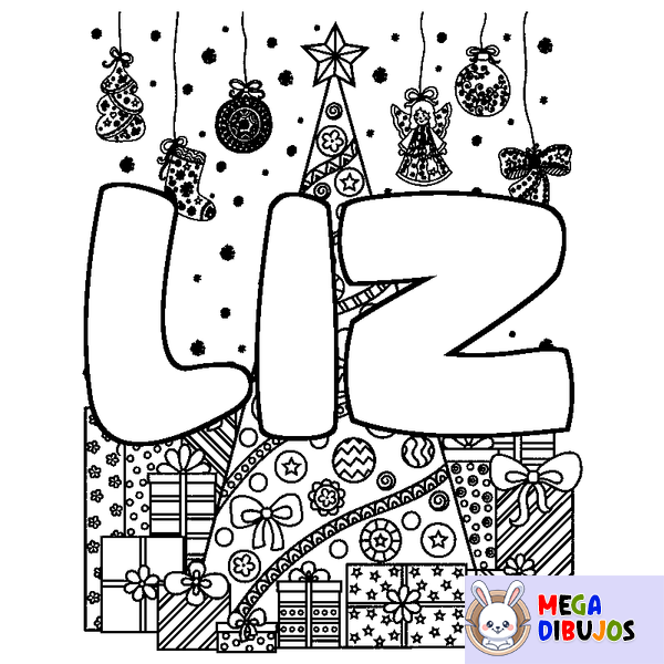 Coloraci&oacute;n del nombre LIZ - decorado &aacute;rbol de Navidad y regalos