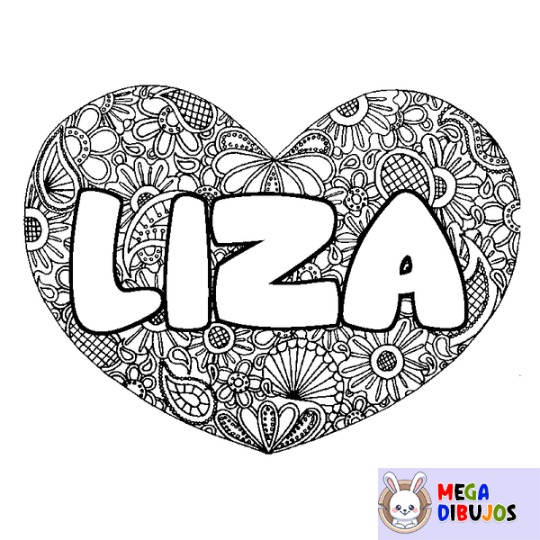 Coloraci&oacute;n del nombre LIZA - decorado mandala de coraz&oacute;n