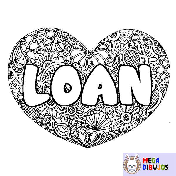 Coloraci&oacute;n del nombre LOAN - decorado mandala de coraz&oacute;n