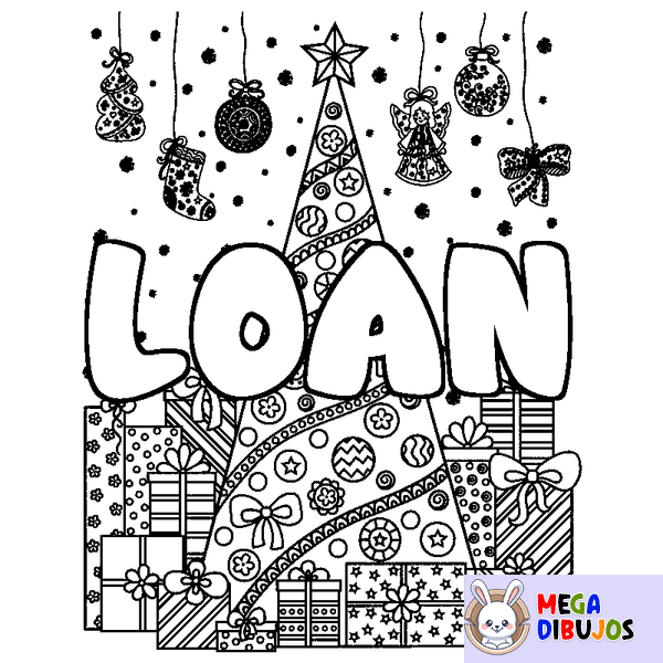 Coloraci&oacute;n del nombre LOAN - decorado &aacute;rbol de Navidad y regalos