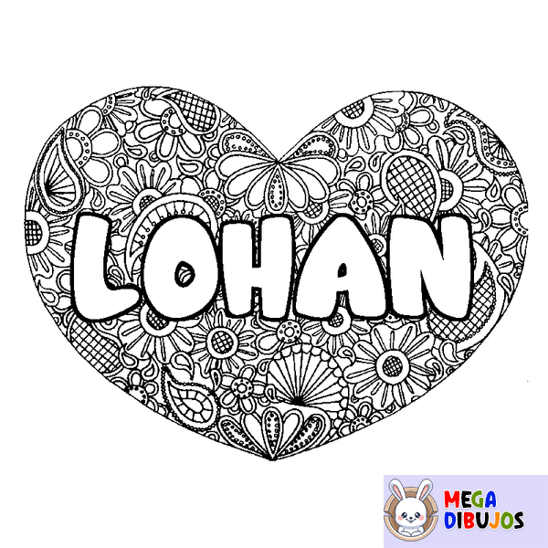 Coloraci&oacute;n del nombre LOHAN - decorado mandala de coraz&oacute;n