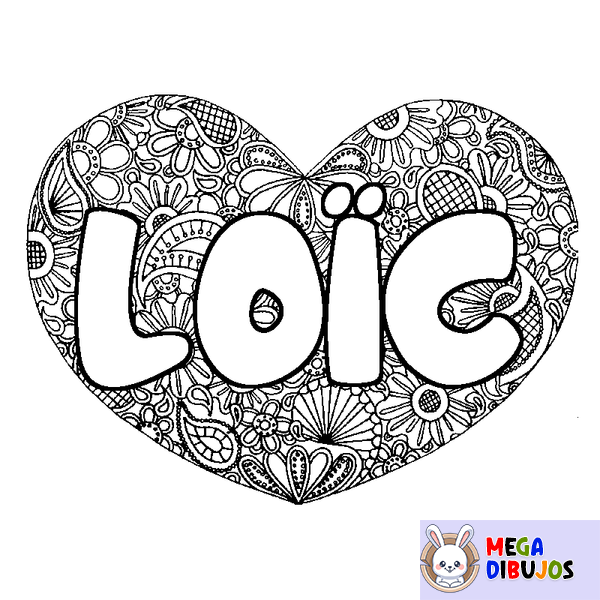 Coloraci&oacute;n del nombre LO&Iuml;C - decorado mandala de coraz&oacute;n