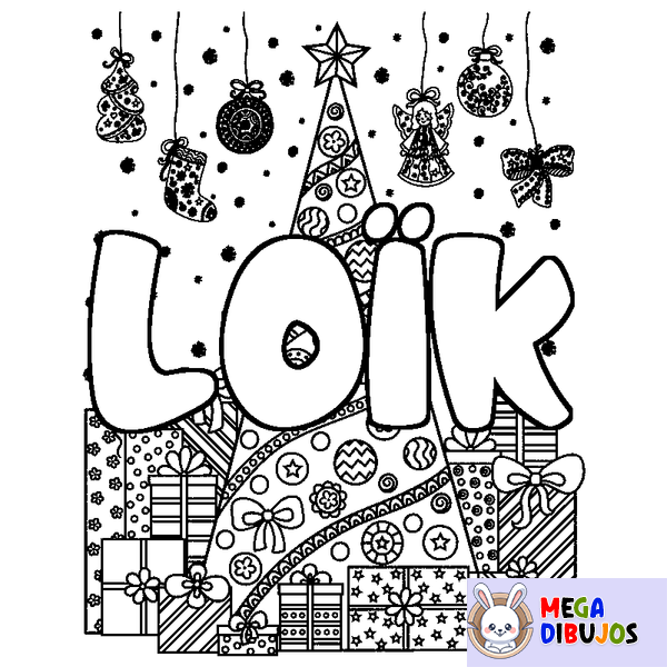Coloraci&oacute;n del nombre LO&Iuml;K - decorado &aacute;rbol de Navidad y regalos
