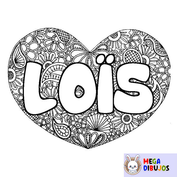 Coloraci&oacute;n del nombre LO&Iuml;S - decorado mandala de coraz&oacute;n