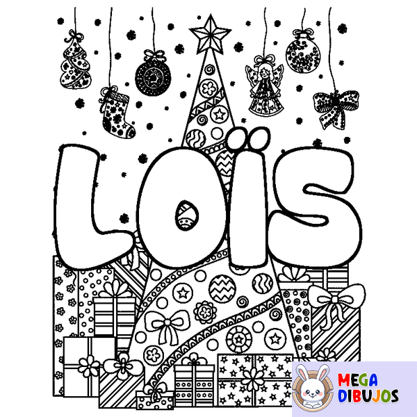 Coloraci&oacute;n del nombre LO&Iuml;S - decorado &aacute;rbol de Navidad y regalos
