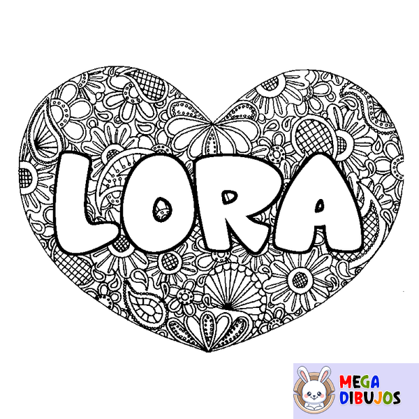 Coloraci&oacute;n del nombre LORA - decorado mandala de coraz&oacute;n