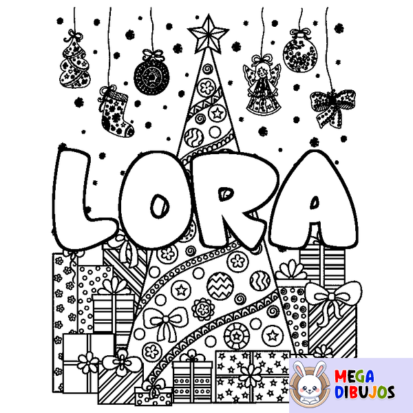 Coloraci&oacute;n del nombre LORA - decorado &aacute;rbol de Navidad y regalos