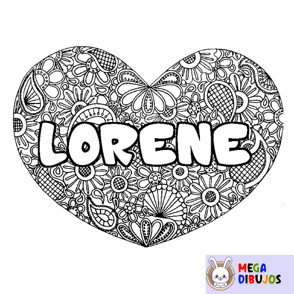 Coloraci&oacute;n del nombre LORENE - decorado mandala de coraz&oacute;n