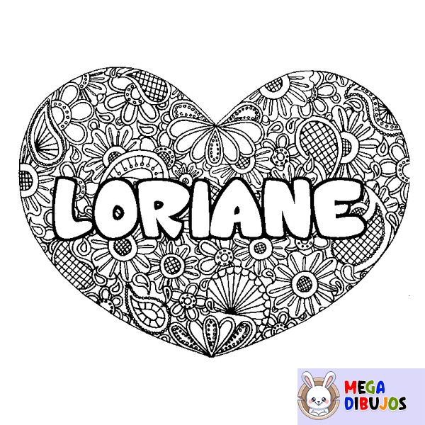 Coloraci&oacute;n del nombre LORIANE - decorado mandala de coraz&oacute;n