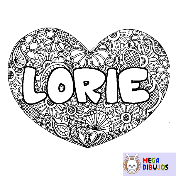 Coloraci&oacute;n del nombre LORIE - decorado mandala de coraz&oacute;n
