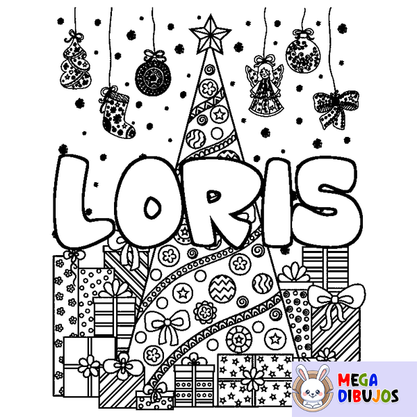 Coloraci&oacute;n del nombre LORIS - decorado &aacute;rbol de Navidad y regalos