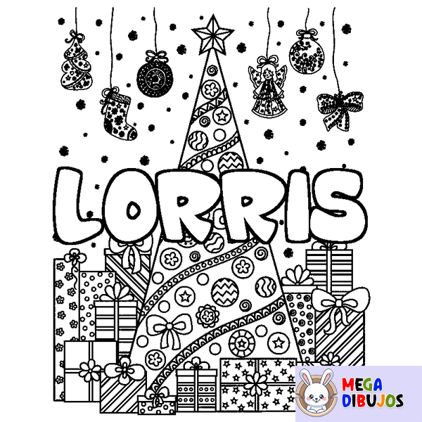 Coloraci&oacute;n del nombre LORRIS - decorado &aacute;rbol de Navidad y regalos