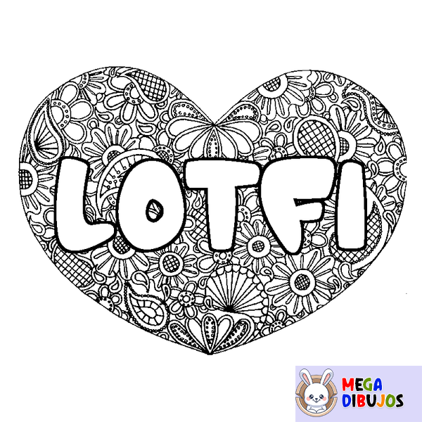 Coloraci&oacute;n del nombre LOTFI - decorado mandala de coraz&oacute;n