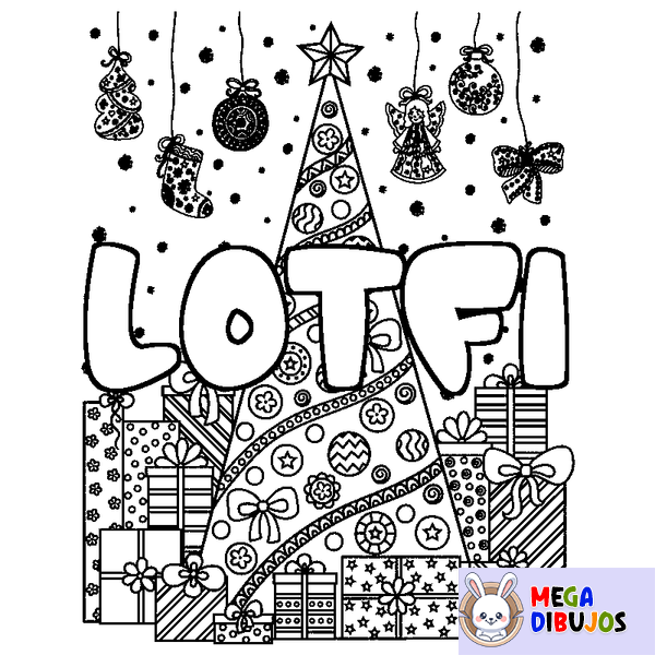 Coloraci&oacute;n del nombre LOTFI - decorado &aacute;rbol de Navidad y regalos