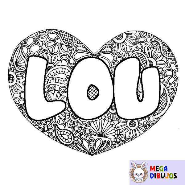 Coloraci&oacute;n del nombre LOU - decorado mandala de coraz&oacute;n