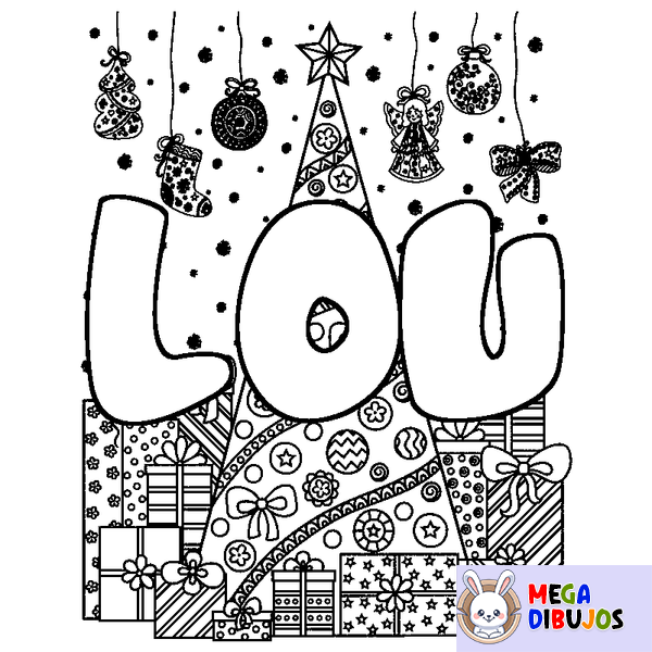 Coloraci&oacute;n del nombre LOU - decorado &aacute;rbol de Navidad y regalos