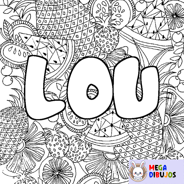 Coloraci&oacute;n del nombre LOU - decorado mandala de frutas