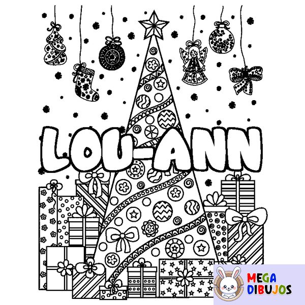 Coloraci&oacute;n del nombre LOU-ANN - decorado &aacute;rbol de Navidad y regalos
