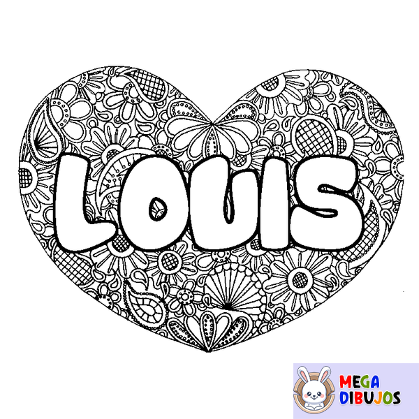 Coloraci&oacute;n del nombre LOUIS - decorado mandala de coraz&oacute;n
