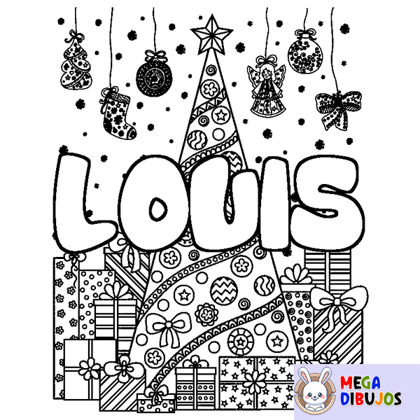Coloraci&oacute;n del nombre LOUIS - decorado &aacute;rbol de Navidad y regalos