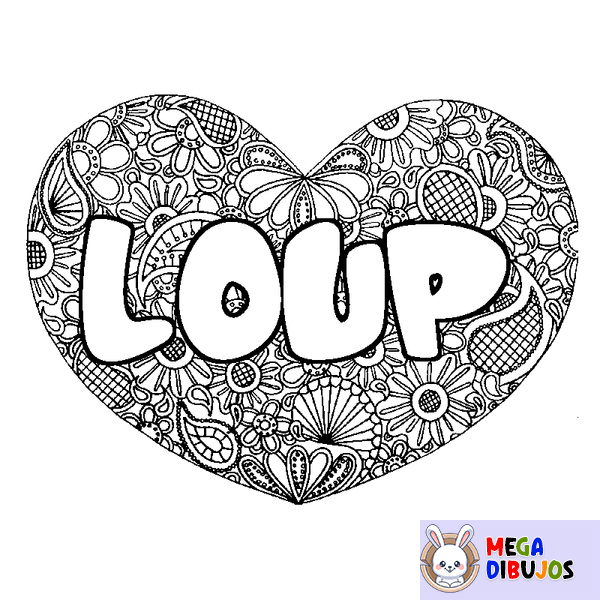 Coloraci&oacute;n del nombre LOUP - decorado mandala de coraz&oacute;n
