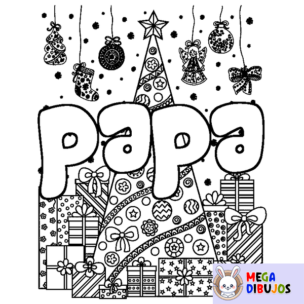 Coloraci&oacute;n del nombre papa - decorado &aacute;rbol de Navidad y regalos