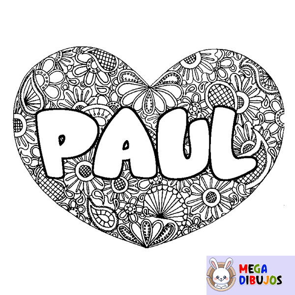 Coloraci&oacute;n del nombre PAUL - decorado mandala de coraz&oacute;n