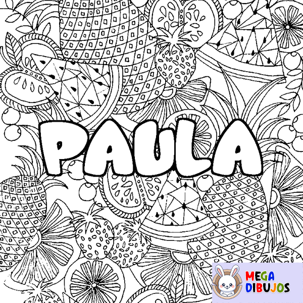 Coloraci&oacute;n del nombre PAULA - decorado mandala de frutas