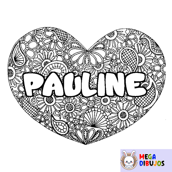 Coloraci&oacute;n del nombre PAULINE - decorado mandala de coraz&oacute;n