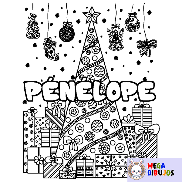 Coloraci&oacute;n del nombre P&Eacute;N&Eacute;LOPE - decorado &aacute;rbol de Navidad y regalos
