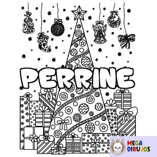 Coloraci&oacute;n del nombre PERRINE - decorado &aacute;rbol de Navidad y regalos