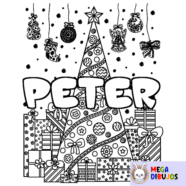 Coloraci&oacute;n del nombre PETER - decorado &aacute;rbol de Navidad y regalos