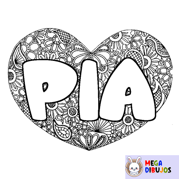 Coloraci&oacute;n del nombre PIA - decorado mandala de coraz&oacute;n